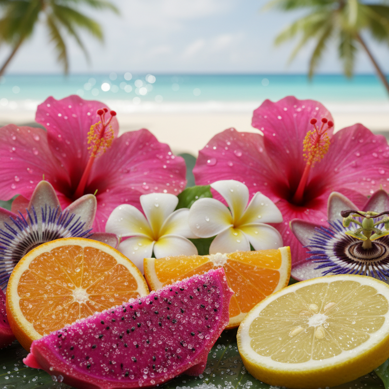 Tropical fruits and flowers with a beach background