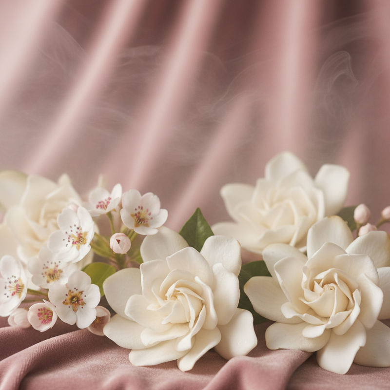 White flowers on a pink fabric background