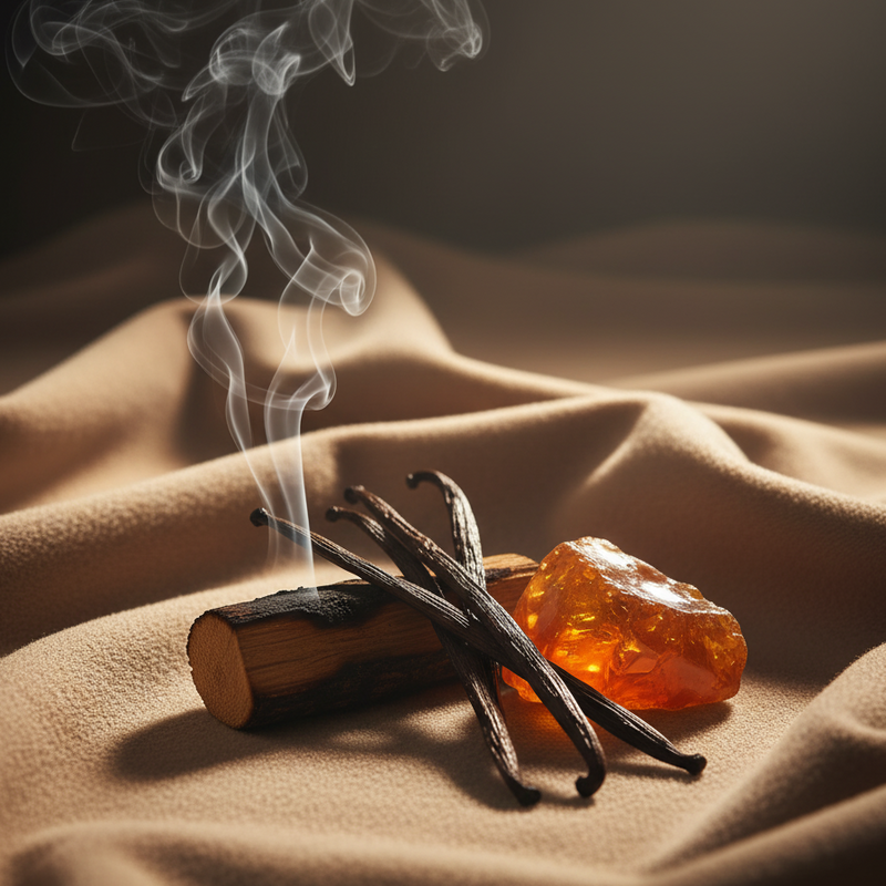 Vanilla beans, amber, and a wooden stick with smoke on a textured surface