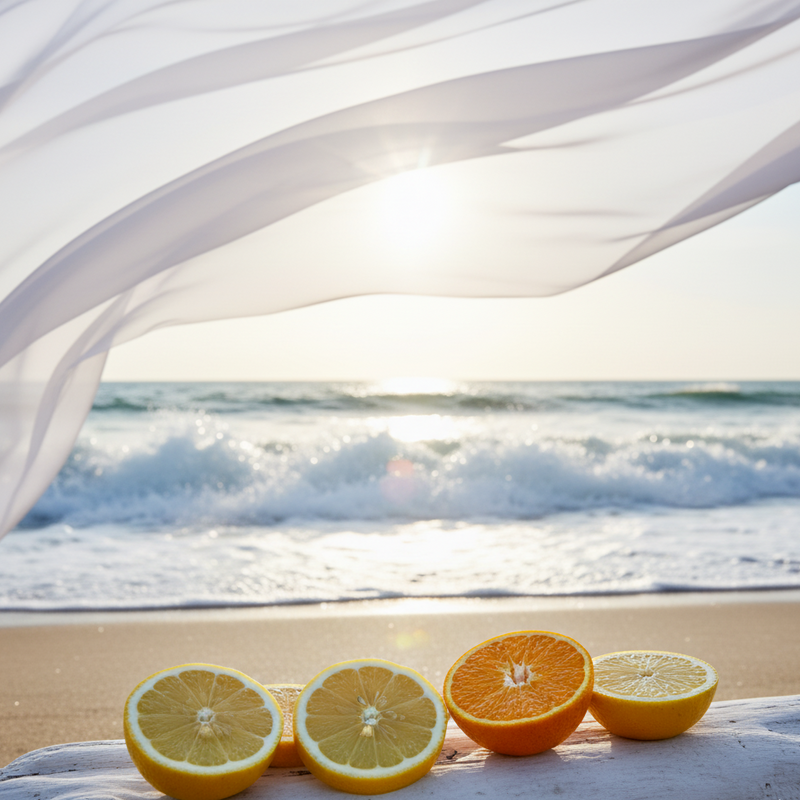 Oranges and lemons on a beach with fabric draped over the top