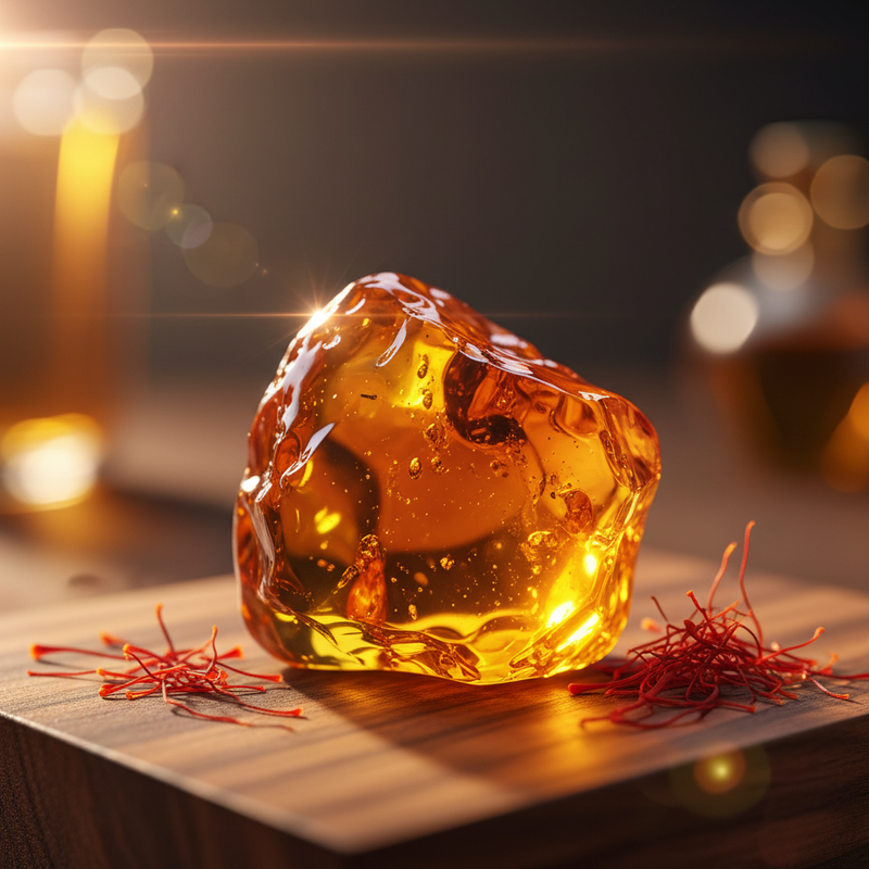 Glistening amber-colored crystal on a wooden surface with saffron threads.