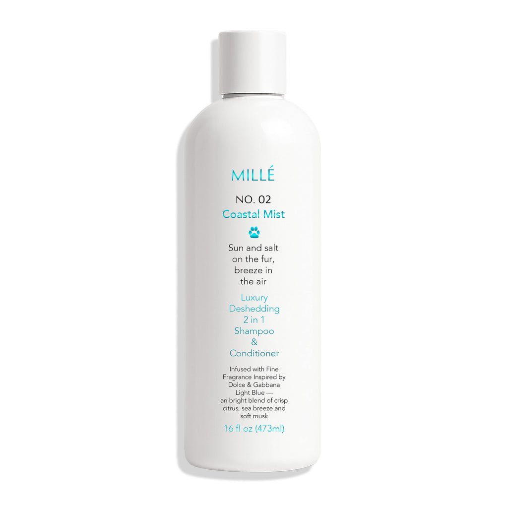White bottle of MILè No. 02 Coastal Mist shampoo and conditioner on a white background