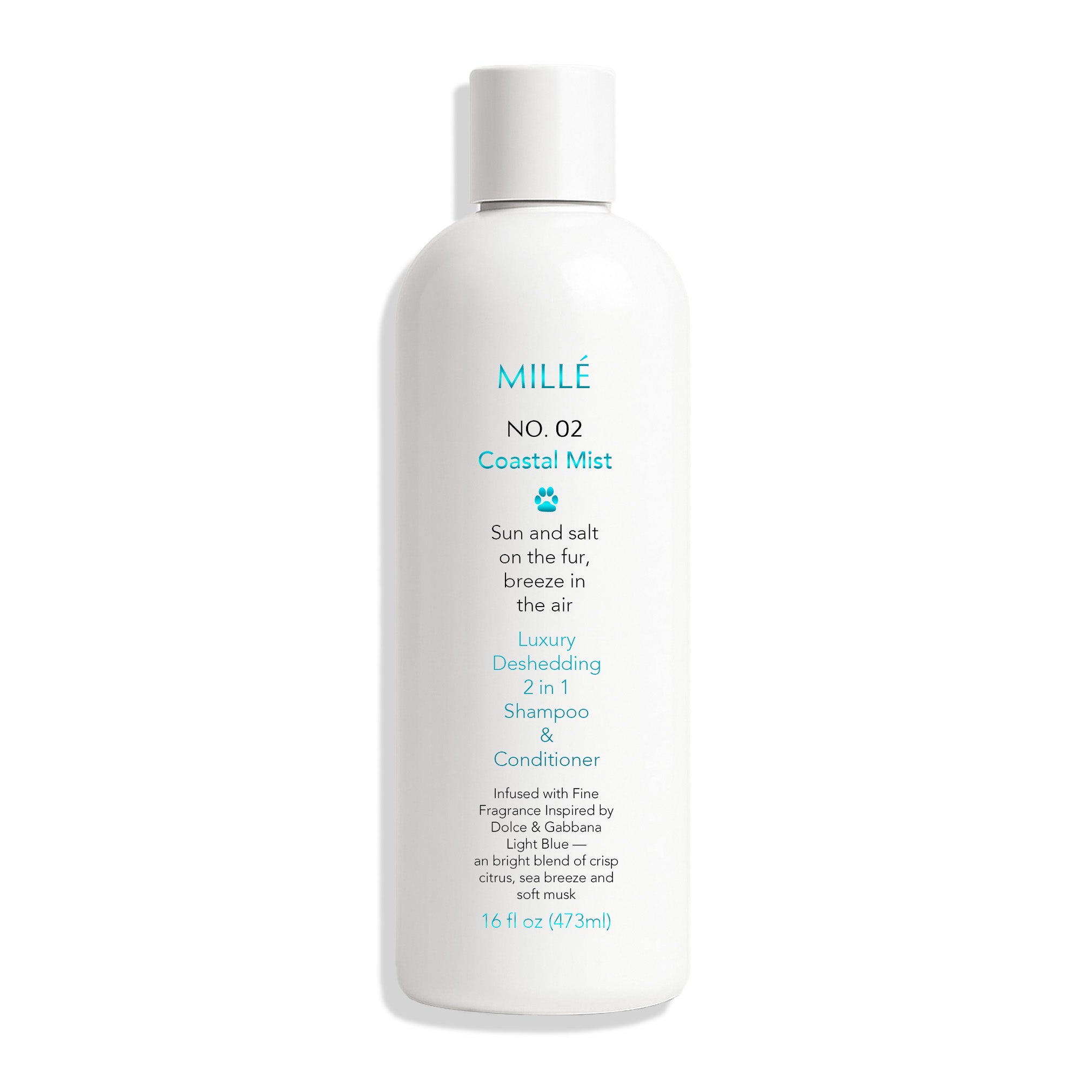 White bottle of MILè No. 02 Coastal Mist shampoo and conditioner on a white background