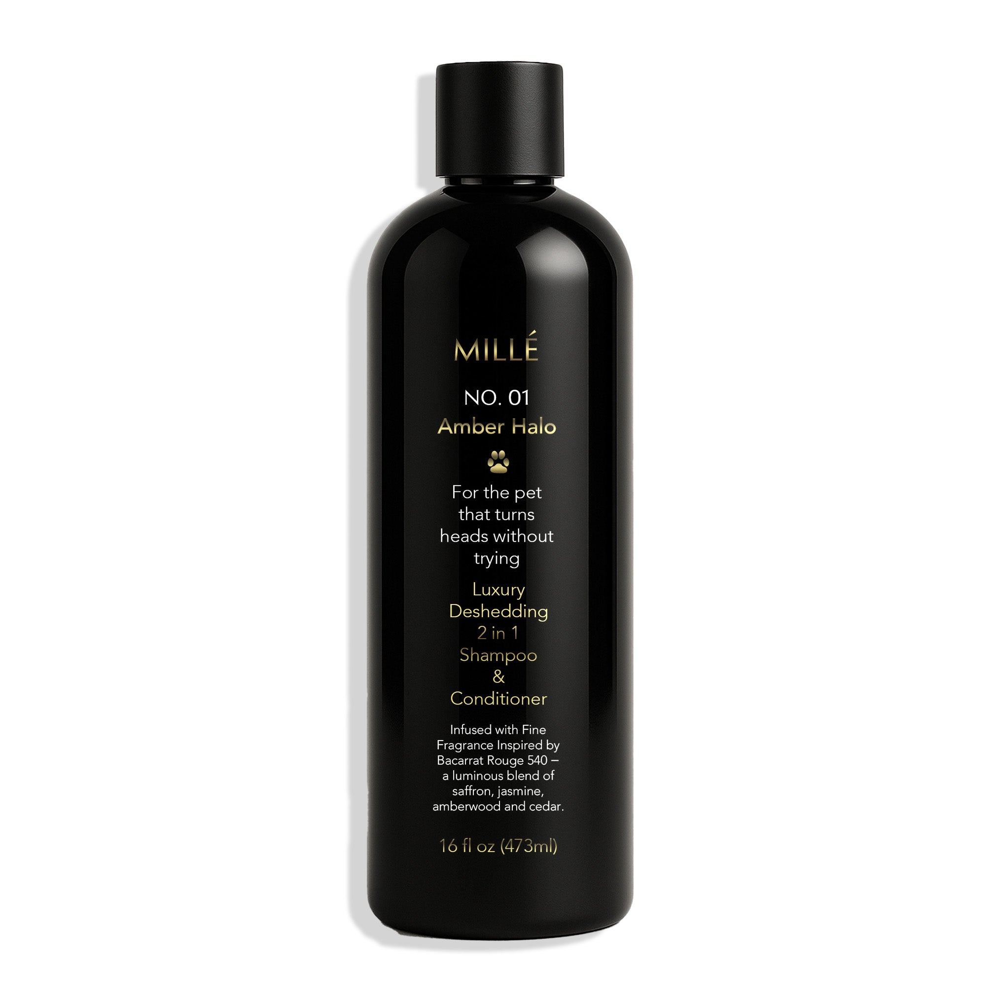 Black bottle of Millé No. 01 Amber Halo pet shampoo and conditioner on a white background