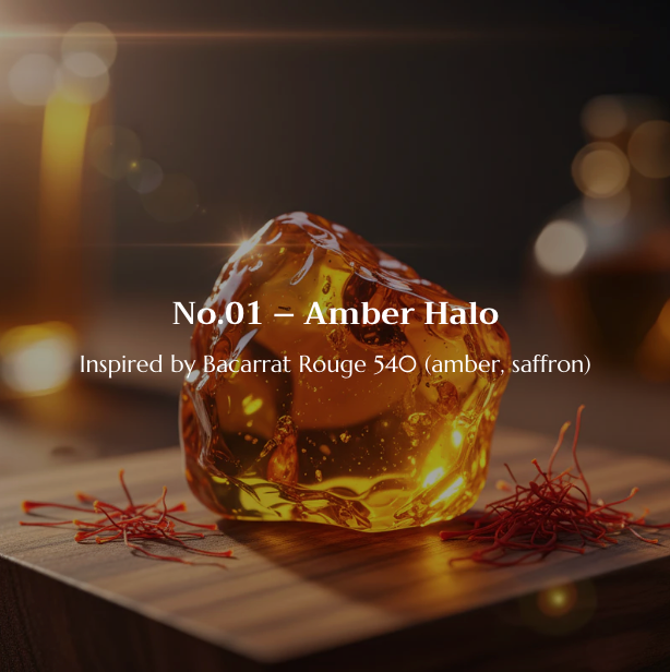 Amber-colored gemstone with saffron threads on a dark background, labeled 'No.01 - Amber Halo'.