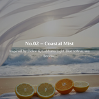 Oranges and lemons on a sandy beach with ocean waves and a white fabric in the background, labeled 'No.02 - Coastal Mist'.