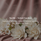 White flowers on a soft pink fabric with text 'No.04 - Velvet Garden' and description.