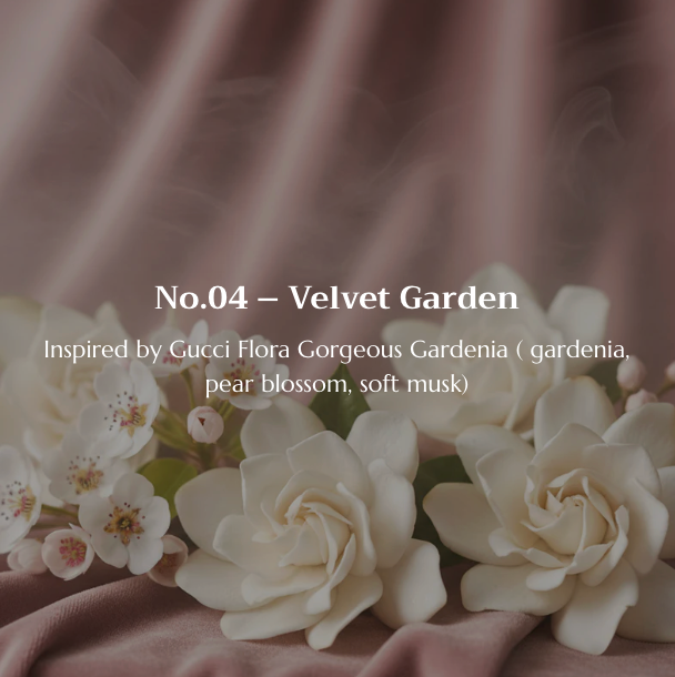 White flowers on a soft pink fabric with text 'No.04 - Velvet Garden' and description.