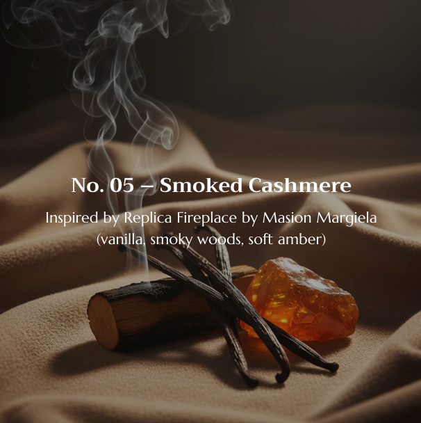Smoked cashmere fragrance with vanilla, smoky woods, and soft amber on a dark background.