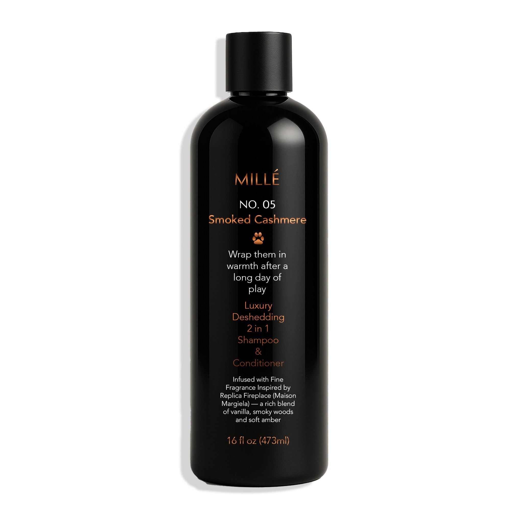 Black bottle of Mille No. 05 Smoked Cashmere Shampoo & Conditioner on a white background